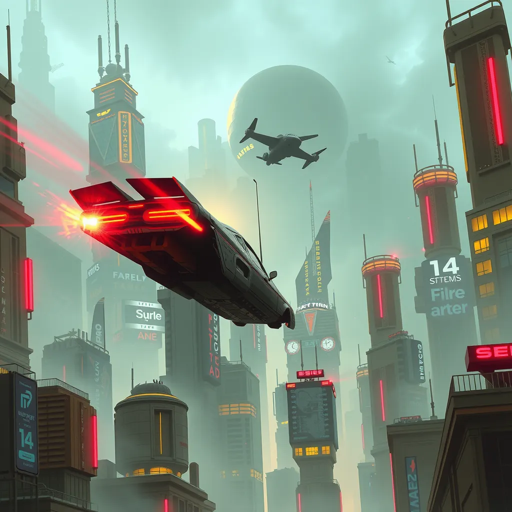 A flying car over a futuristic city